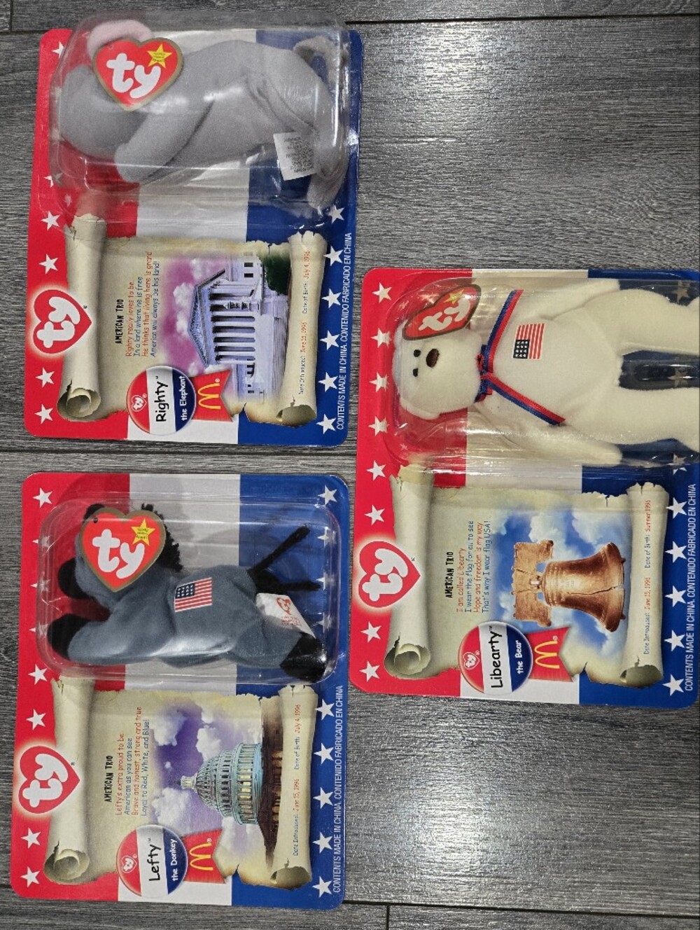 NEW IN PACKAGE- RARE VINTAGE McDonald's American Trio TY Beanie Babies